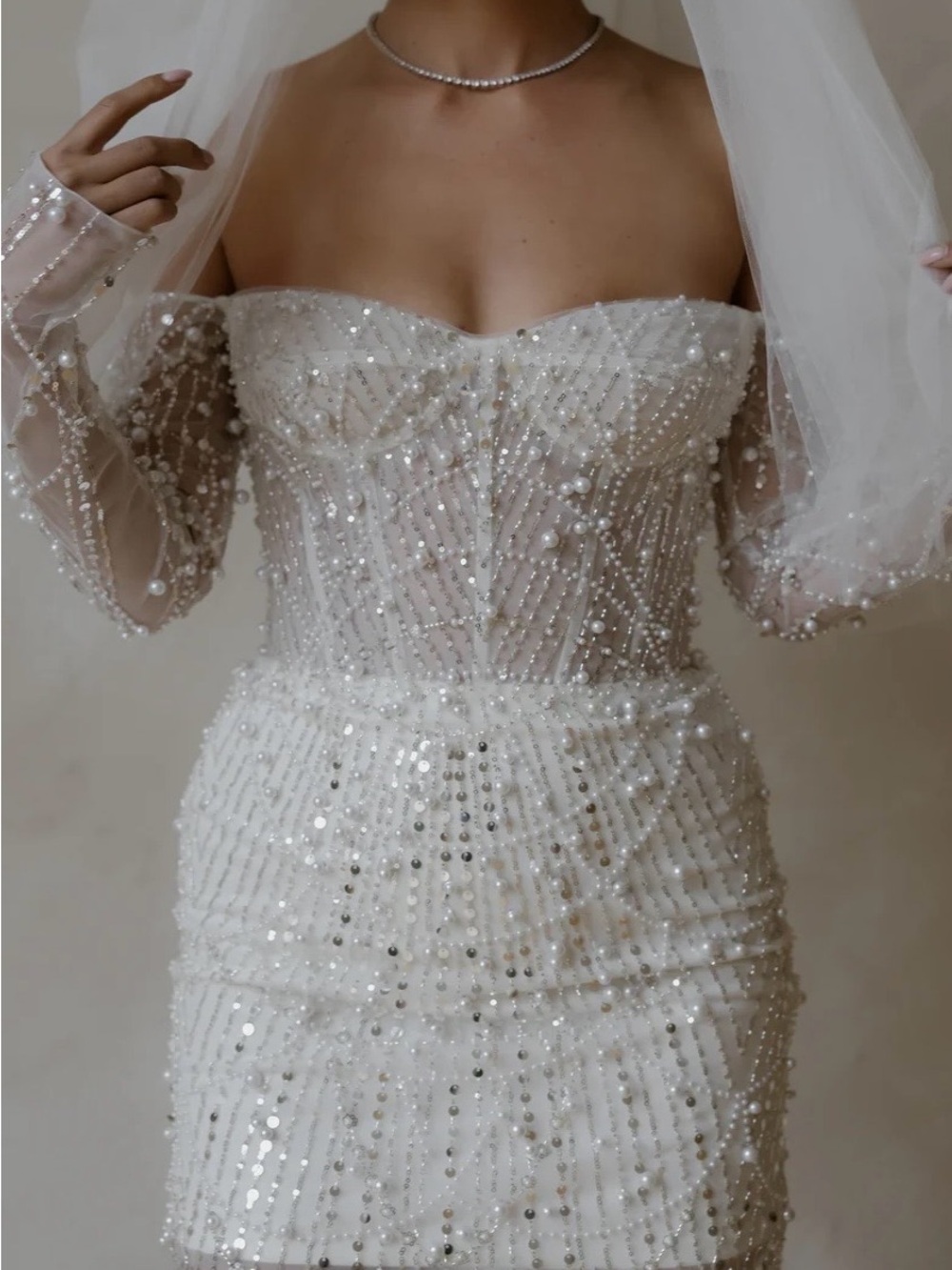 UNTAMED PETALS BY AMANDA JUDGE Off-Shoulder Pearl & Sequin Bridal Dress in Ivory